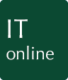 The text IT online over a green background