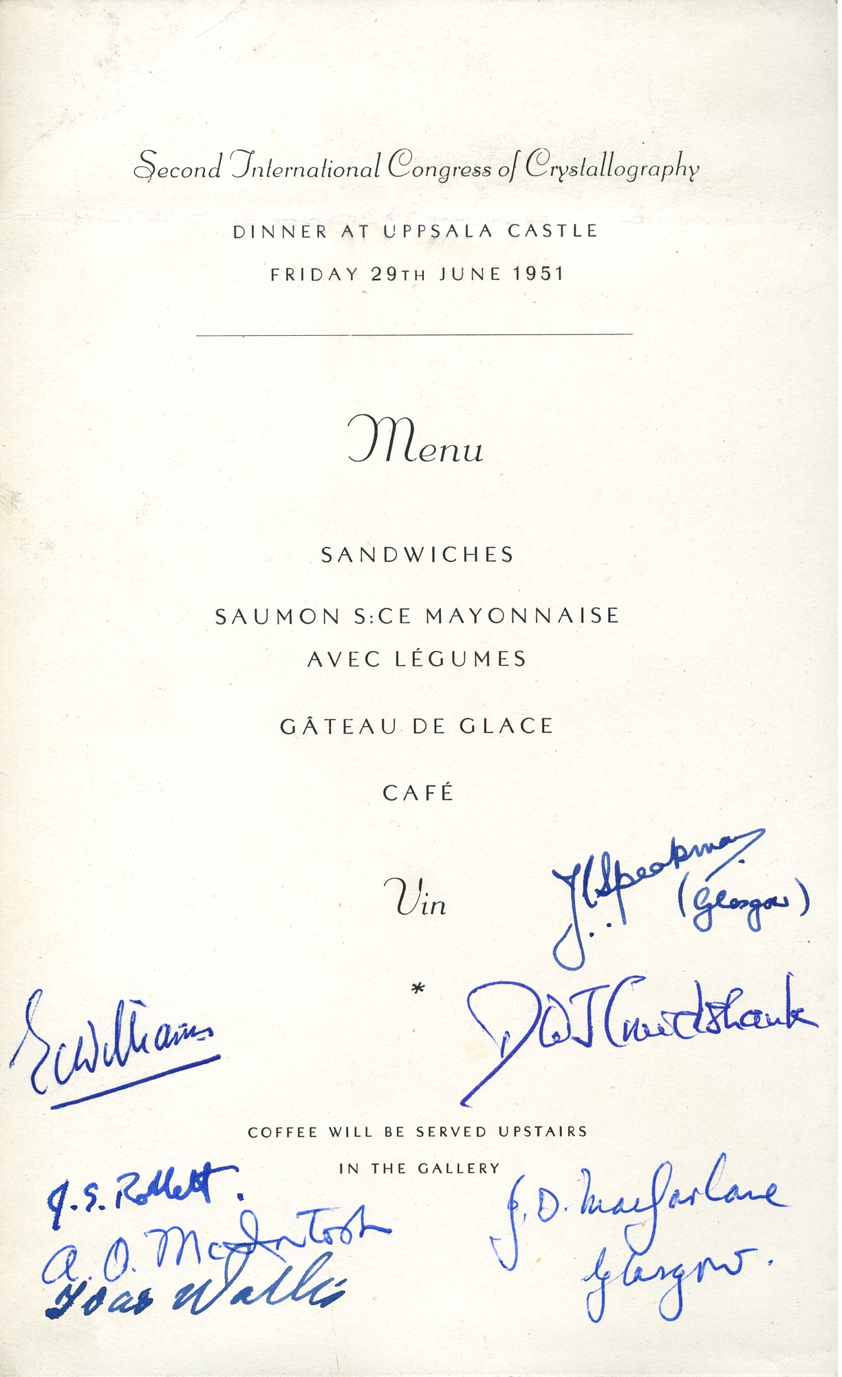 1951: IUCr Congress and General Assembly: Sessions and Banquet at Uppsala