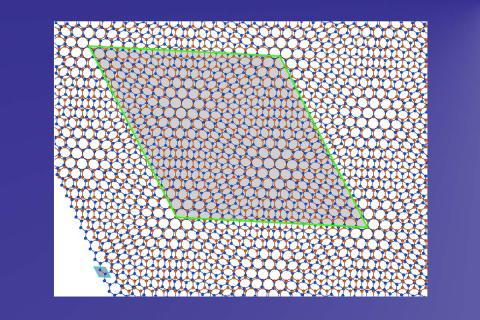 Figure 1. Bilayer system consisting of two graphene monolayers (red and blue) at a twist angle of 6.0°. The unit cell of a monolayer (small blue rhomb) and the resulting moiré crystal (green rhomb) are shown.