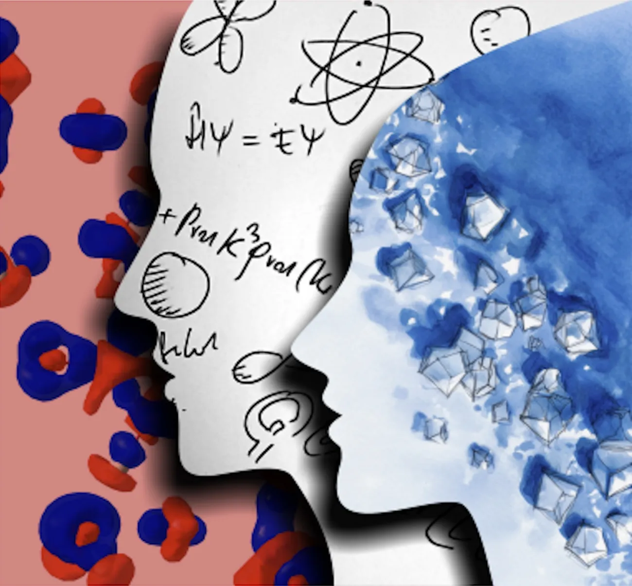 Two heads with formula and crystals inside them
