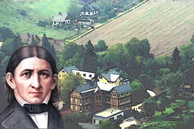 An image of Friederich Fröbel from Wikimedia Commons at File:Frederick-Froebel-Bardeen.jpeg (the background is a cartoon modification of Keilhauschule.JPG at Category:Freie Fröbelschule Keilhau - Wikimedia Commons, licensed under Creative Commons Attribution-Share Alike 3.0).