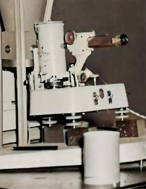 A Unicam rotating crystal camera pushed up against an X-ray window. This type of camera was used by Raymond Gosling at Kings College in London to obtain the first clear DNA photographs for Maurice Wilkins and Rosalind Franklin.